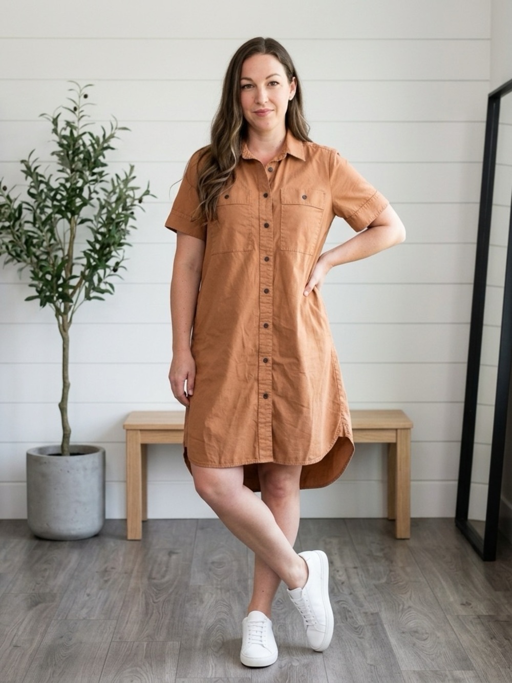 PTP20 Everlane High-Low Button Shirt Dress in Tan Terracotta Short Sleeve